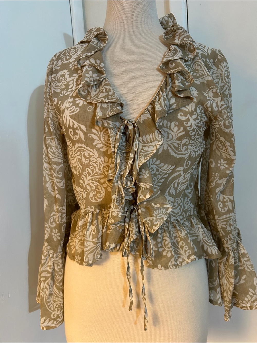 Paisley Ruffle Tie-Front Blouse in Beige